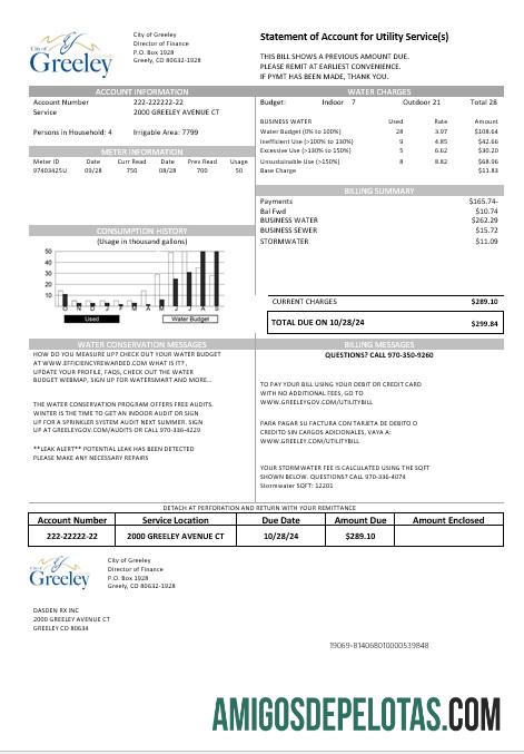 imprimível Modelo de conta de serviços públicos de água, EUA, Colorado, cidade de Greeley, em formatos Word e PDF